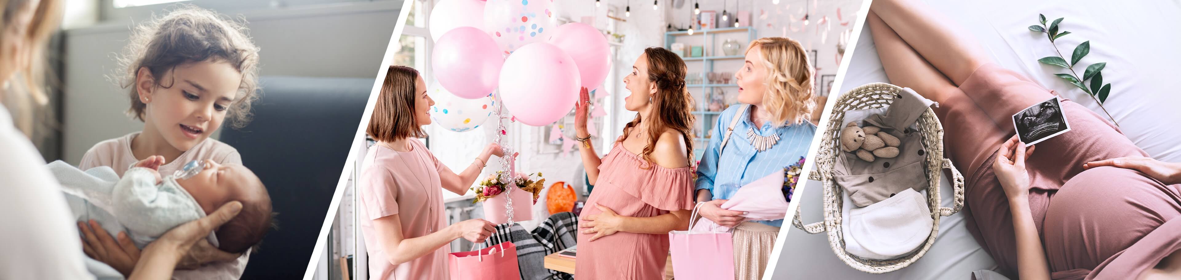 Gaver og feiring til babyshower med gravide, ballonger og nyfødt baby.