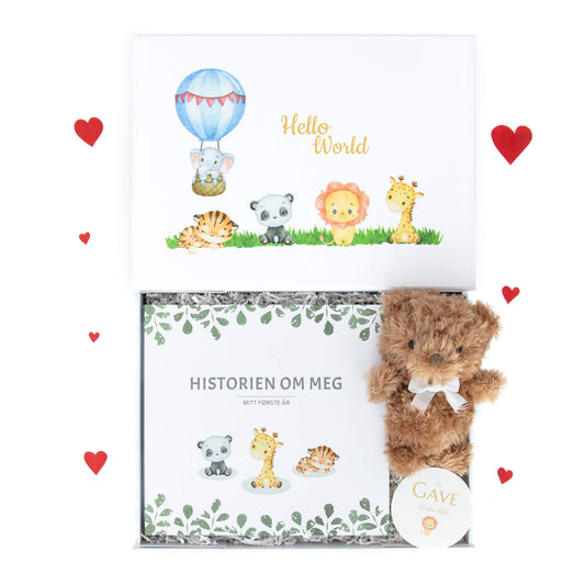 Gave til nyfødt baby med en nydelig babyjournal og en super myk bamse.