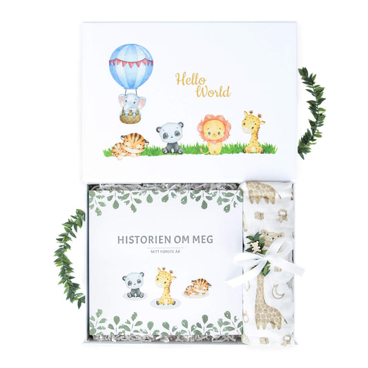 Gave til nyfødt baby med en nydelig babyjournal og et musslinblanket i super soft bambus og bomullsstoff.