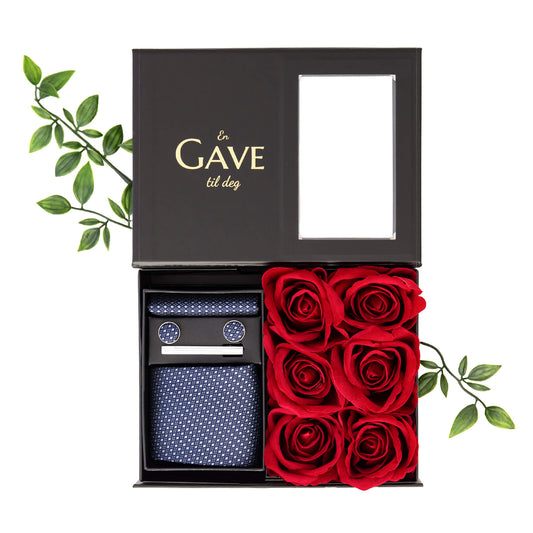 Gave til kjæresten med slipsett og røde roser. Elegant pakket i en gaveeske.