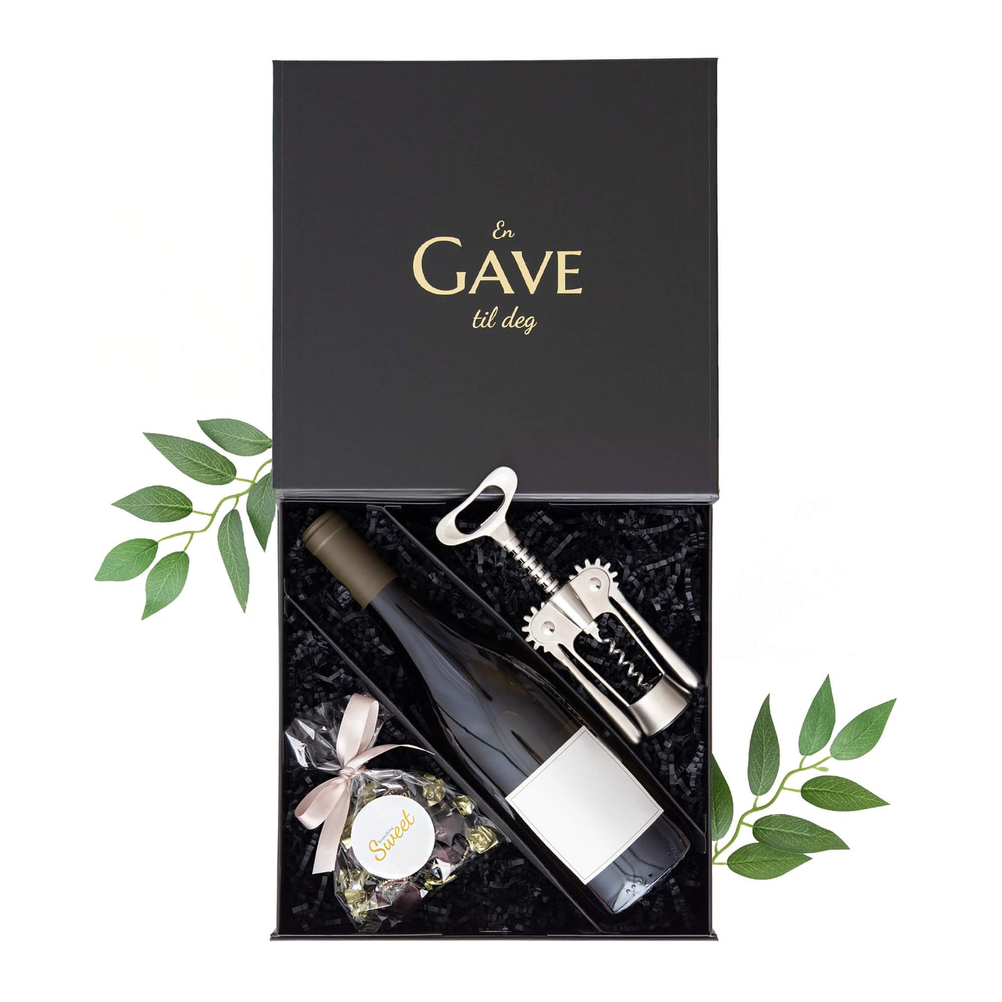 Gaveeske til vin. En vingave som kommer i en elegant svart gaveeske med vinåpner i sølv og deilig sjokolade og plass til en vinflaske.