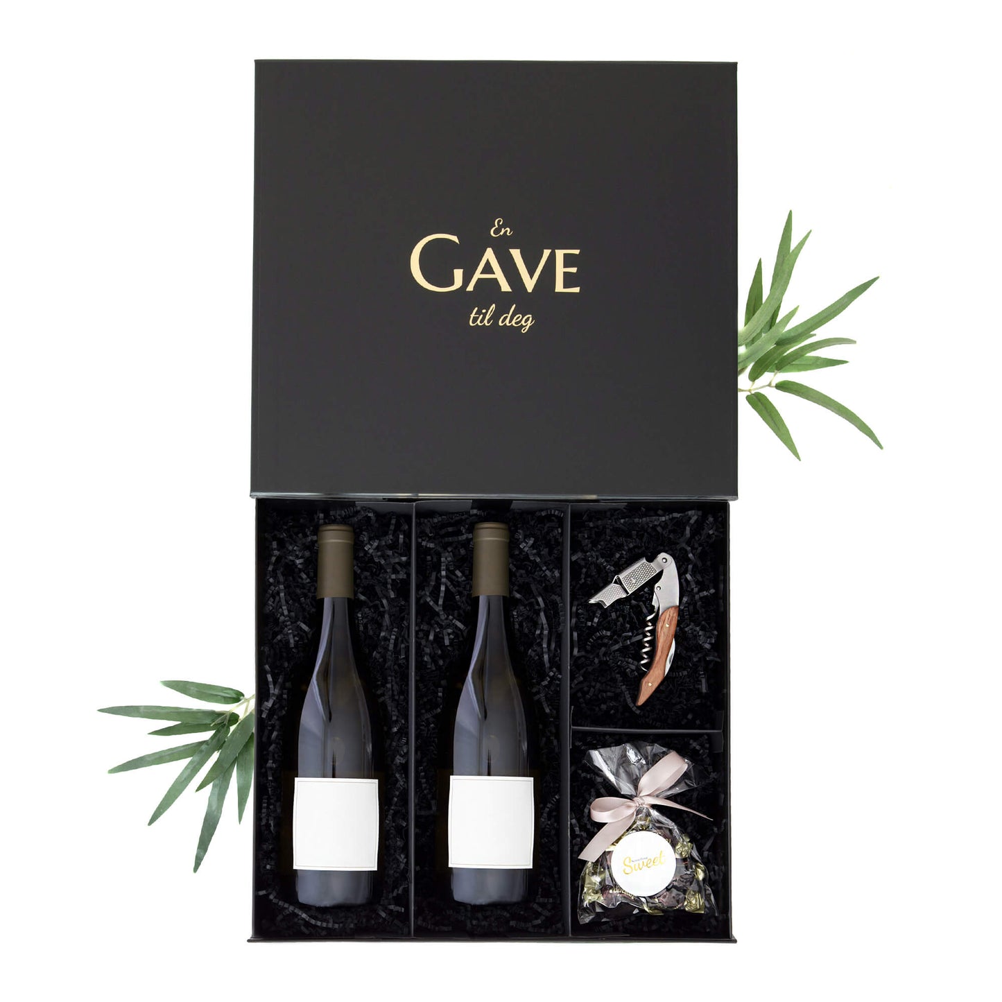Vingave med profesjonell vinåpner og deilige sjokolader. Plass til to vinflasker. Levert i en elegant gaveeske.