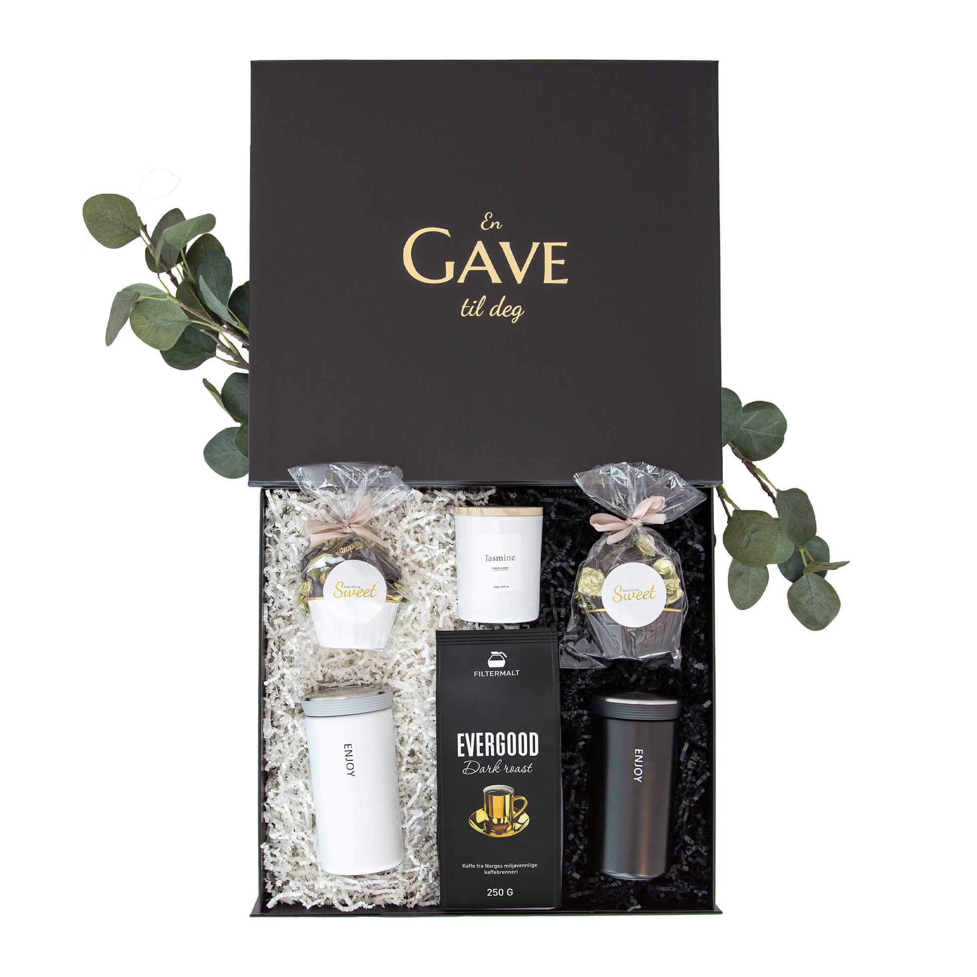 Gave til han og henne med termokopper, sjokolade, duftlys og brasiliansk kaffe. Passer som firmagaver, bursdagsgaver eller fellesgaver.