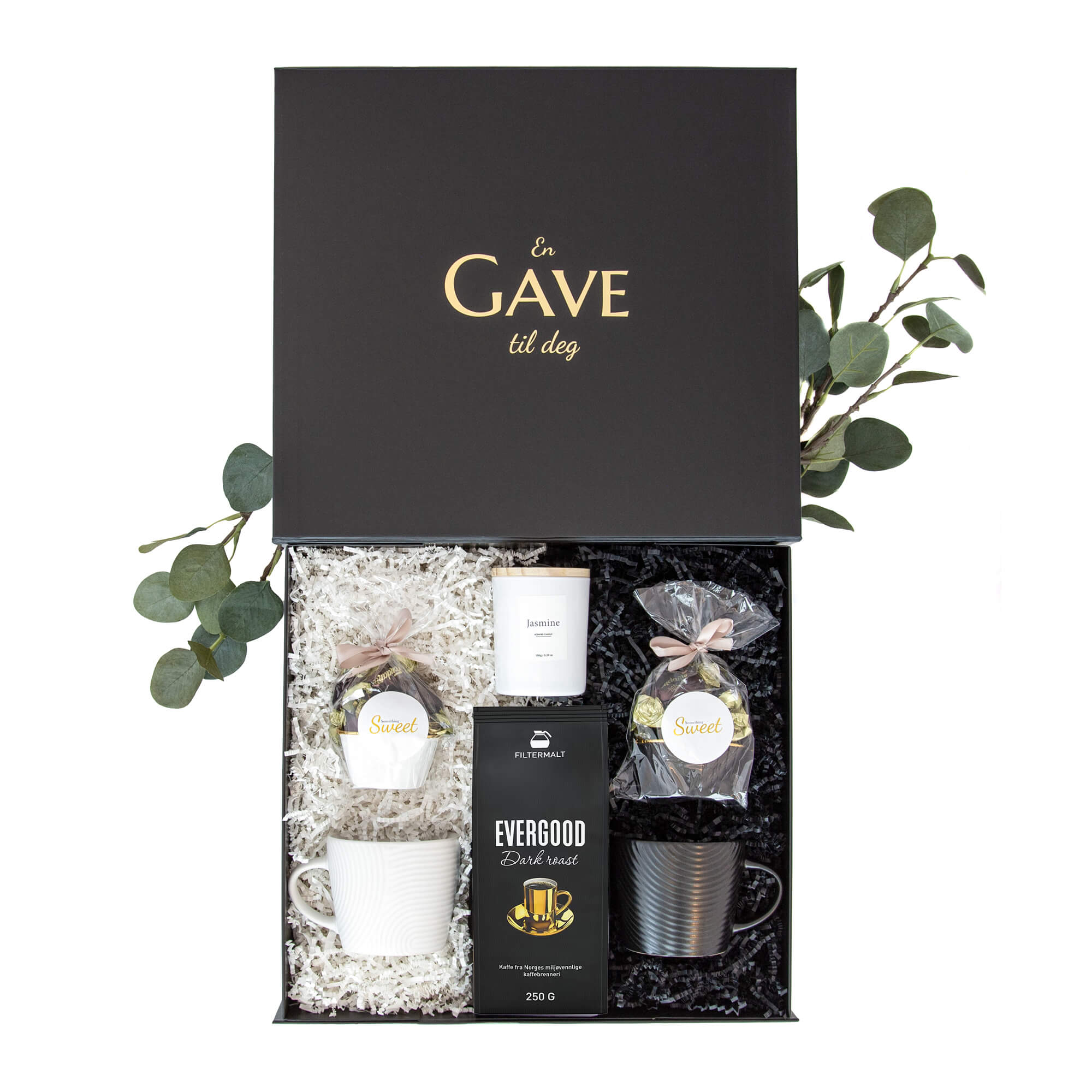 Gave til han og henne med sjokolader, duftlys, kopper og kaffe i en eksklusiv gaveeske.