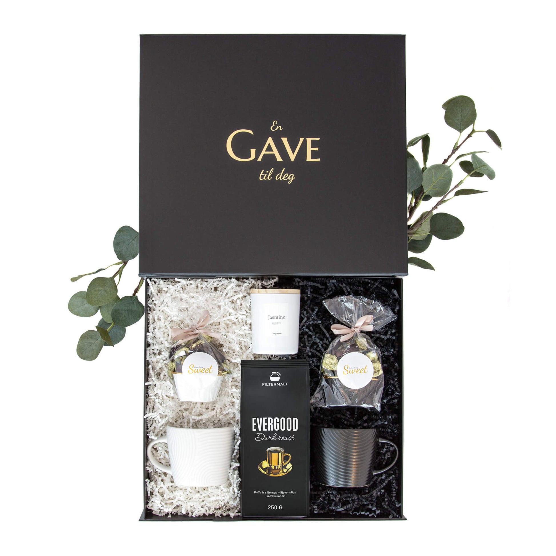 Gave til han og henne med sjokolader, duftlys, kopper og kaffe i en eksklusiv gaveeske.
