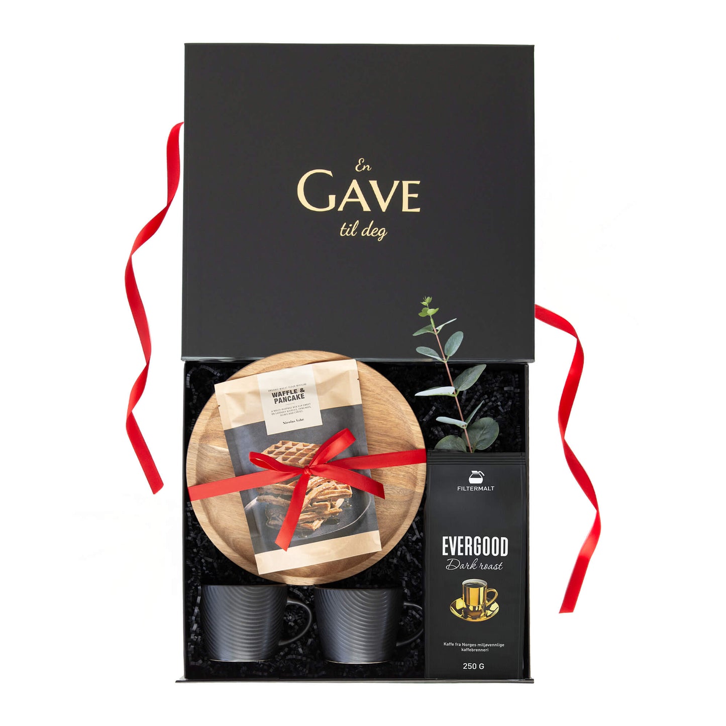 Julegave til han eller henne med serveringsfat, kopper, kaffe og vaffelmix. Alt i en elegant åpen svart gaveeske.