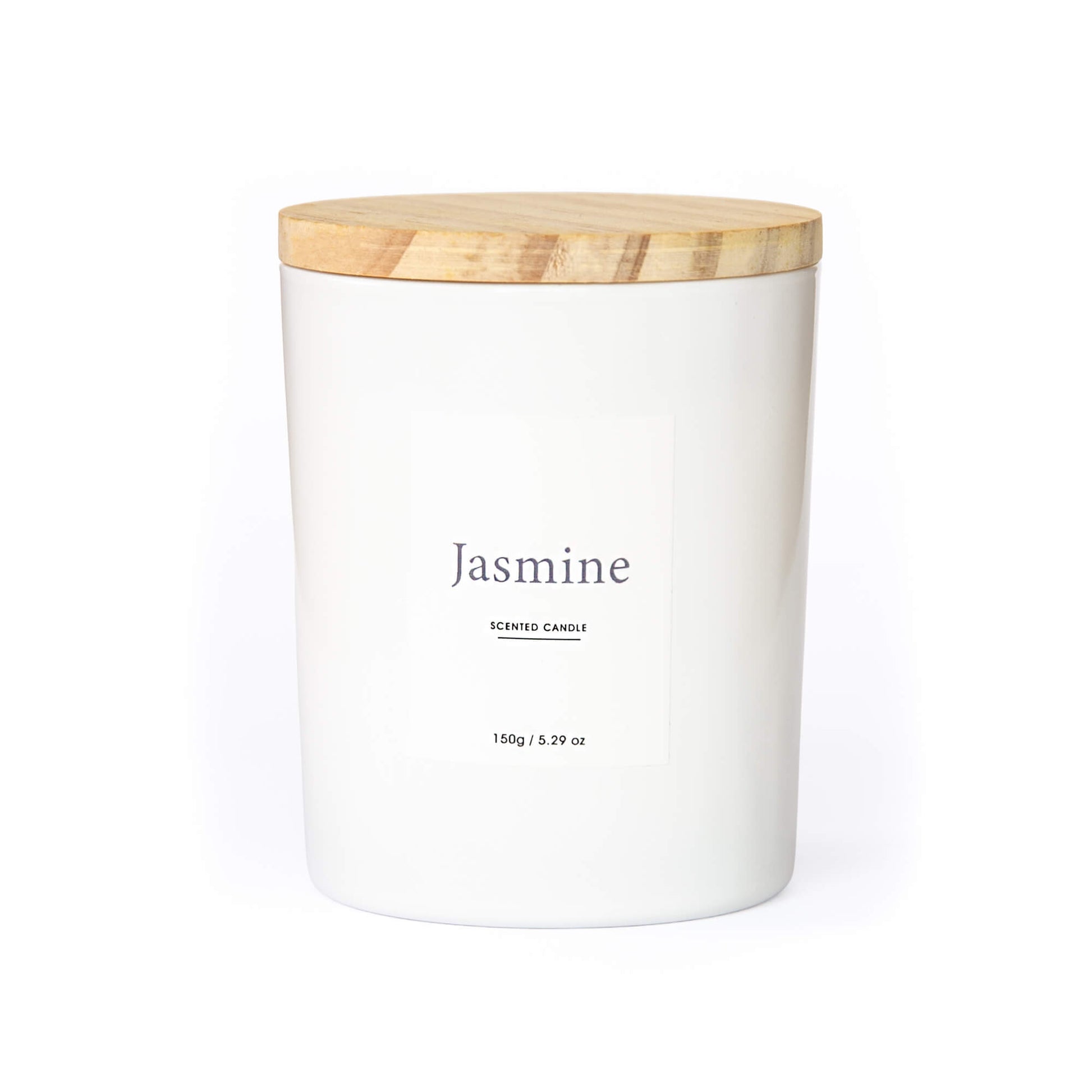 Hvitt duftlys med jasmin og lokk i tre