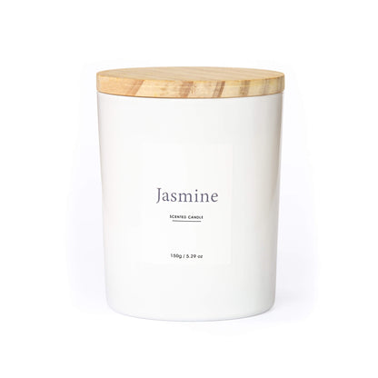 Hvitt duftlys med jasmin og lokk i tre