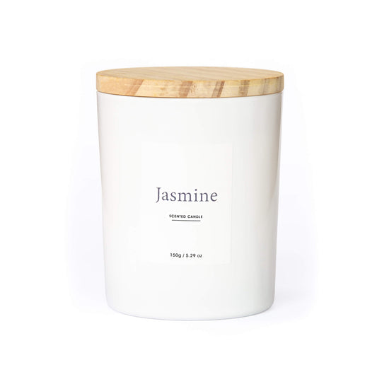Hvitt duftlys med jasmin og lokk i tre