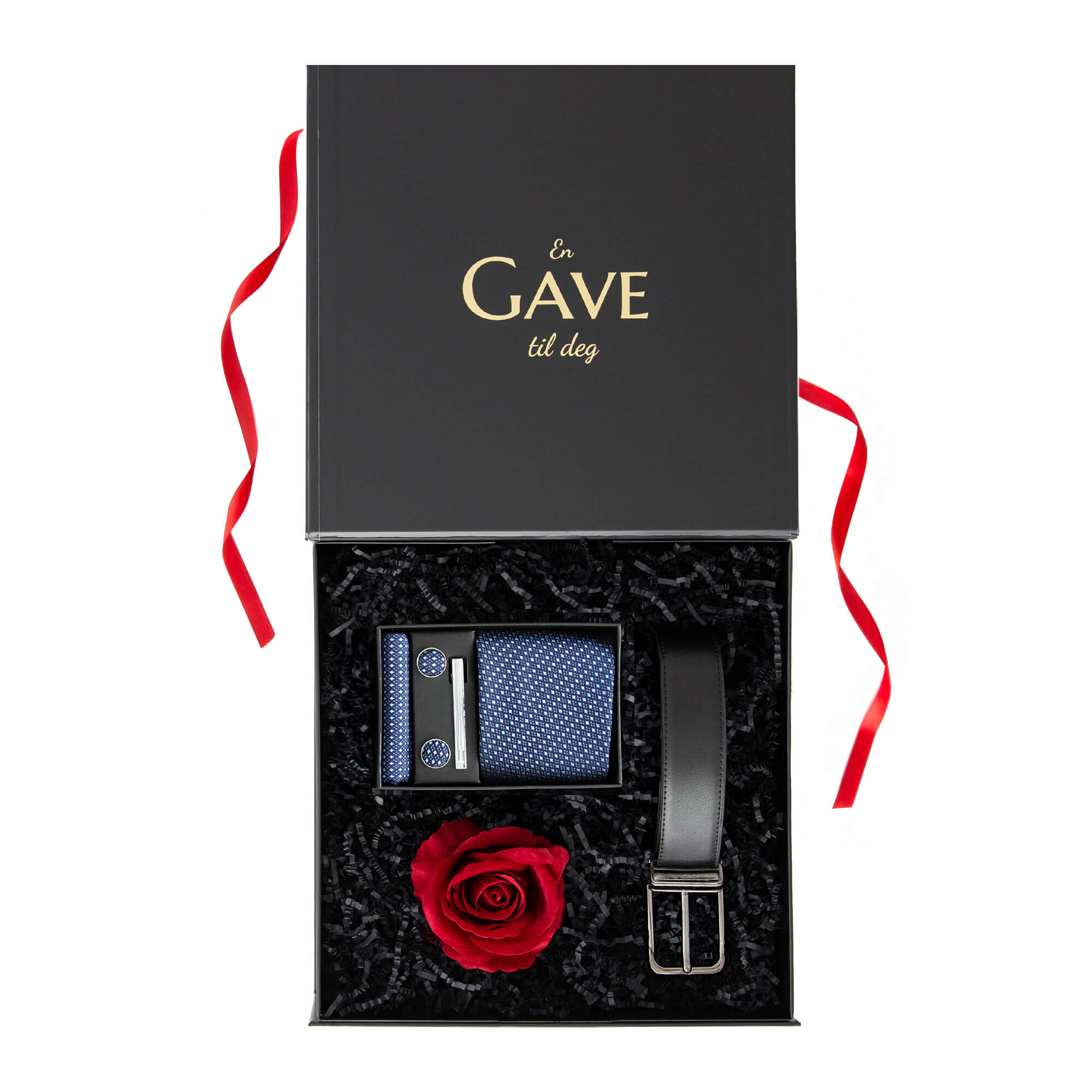 Gave til kjæresten med en rød rose, slipset og et belte i ekte skinn.