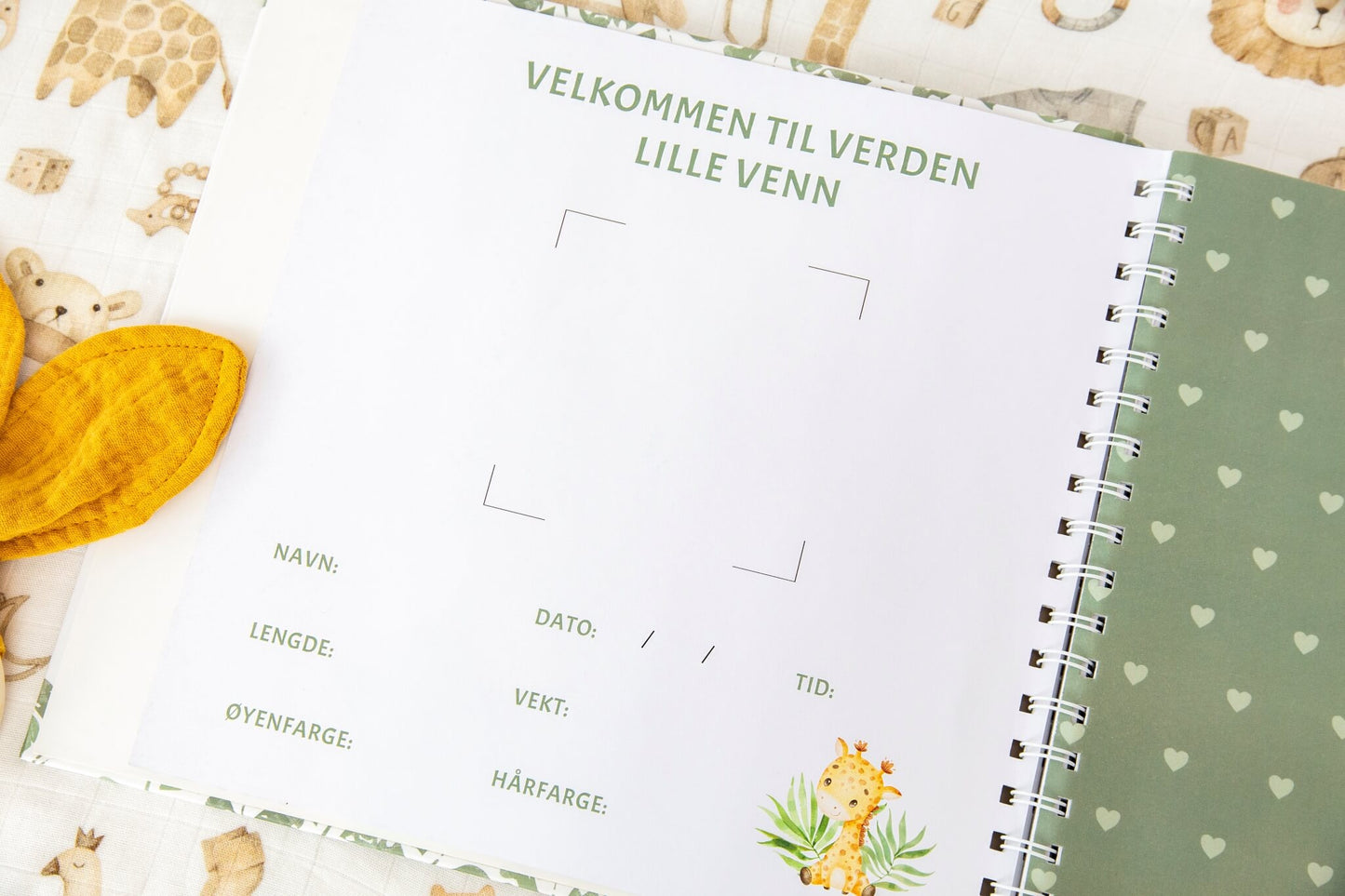 En side fra en nydelig babyjournal hvor de nybakte foreldrene kan dokumentere det første året til sin nyfødte baby.