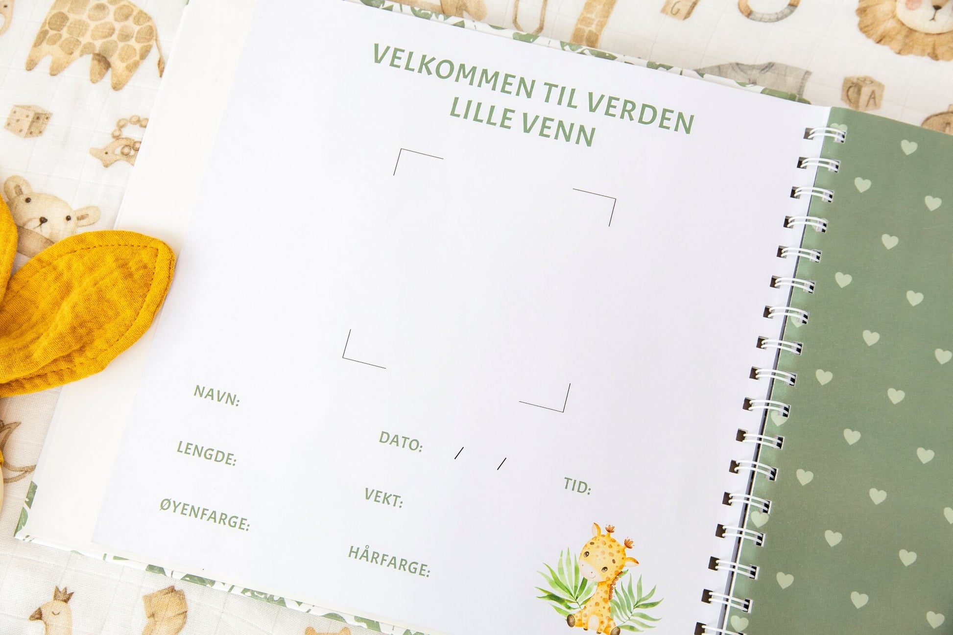 En side fra en nydelig babyjournal hvor de nybakte foreldrene kan dokumentere det første året til sin nyfødte baby.