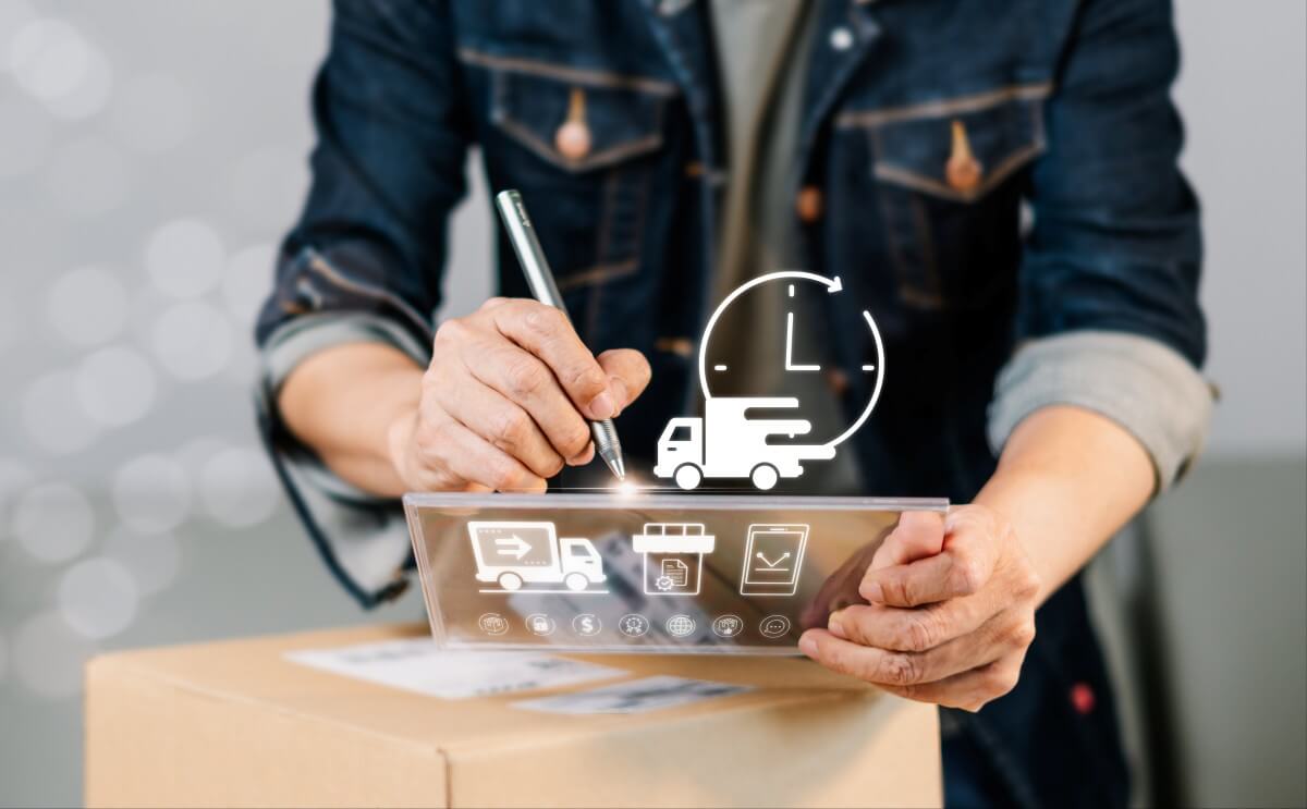 Person signerer levering digitalt med illustrasjoner av frakt, logistikk og leveringstid.