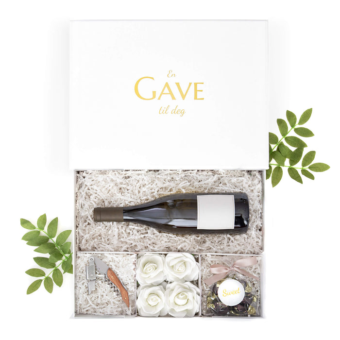 Just Add Wine gaveeske til vin med vinåpner, hvite roser og sjokolade