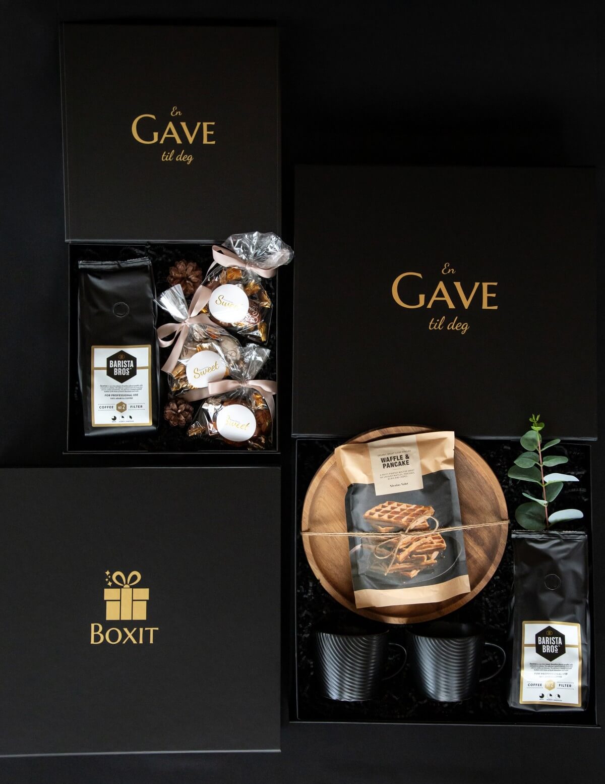 Bedriftsgaver fra Boxit med gaveesker fylt med kaffe, sjokolade, vaflemix og eksklusive produkter for ansatte og kunder.
