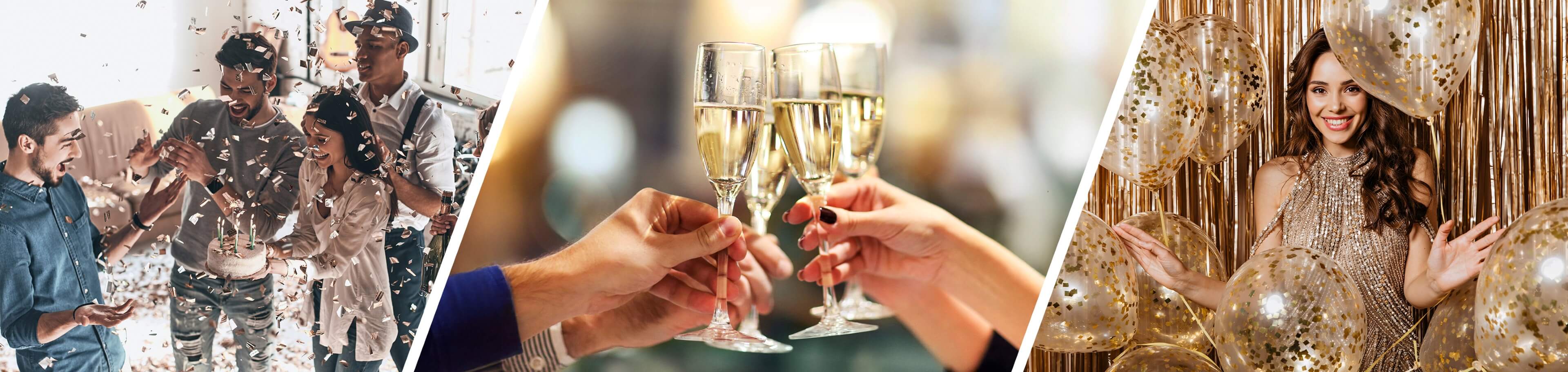 Jubileumsbanner med konfetti, champagneglass og ballonger – gaver og feiring av jubileum.