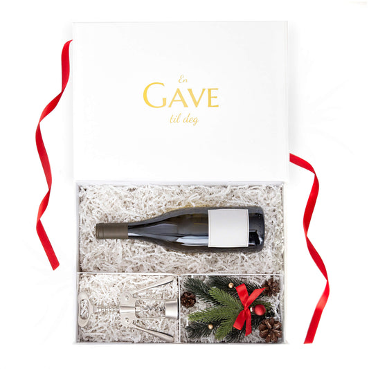 Gaveeske til vin med en elegant sølv vinåpner og vakker juledekor. Passer som julegave, bedriftsgave, bursdagsgave, vertinnegave.