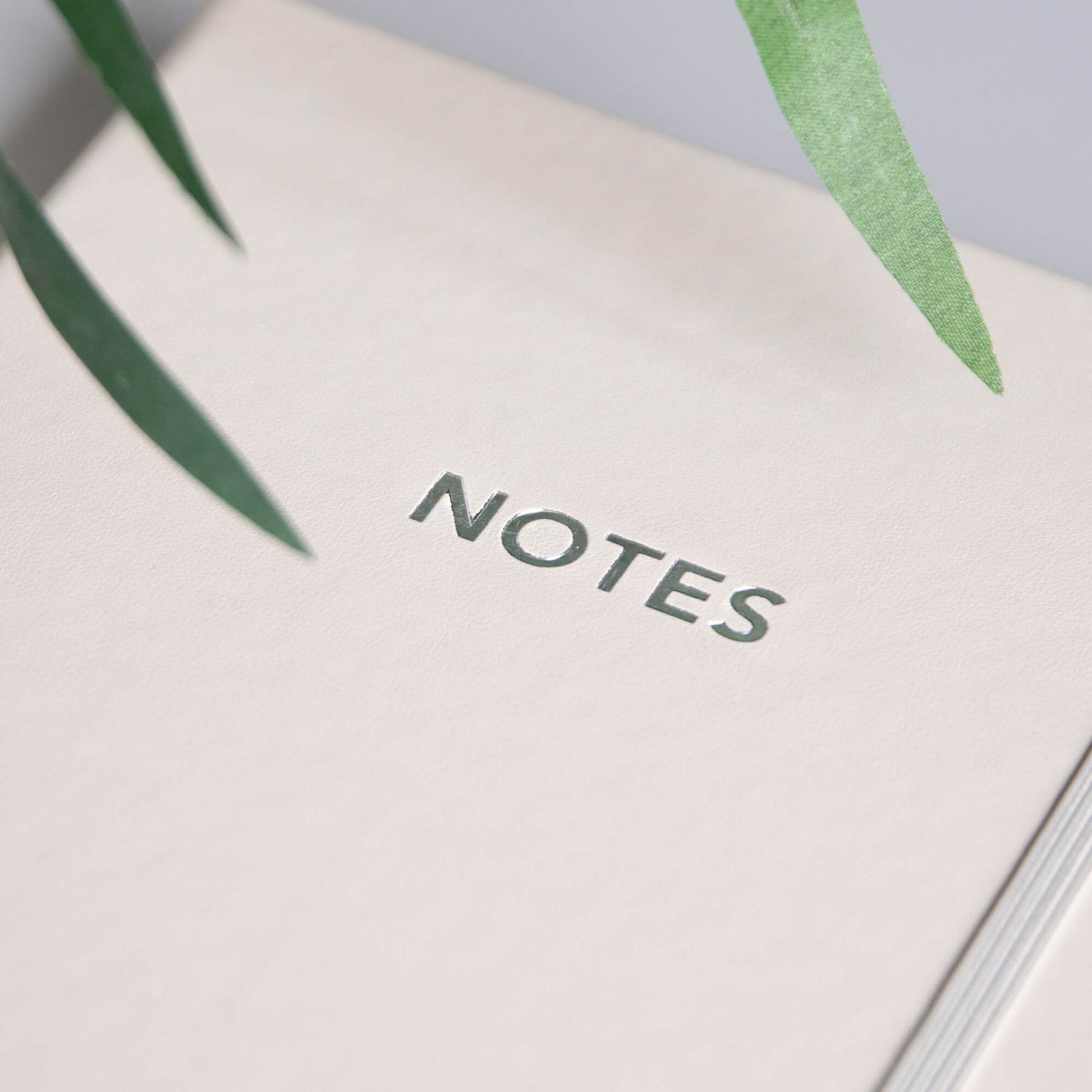 Nærbilde av beige notatbok med sølvfarget NOTES-tekst