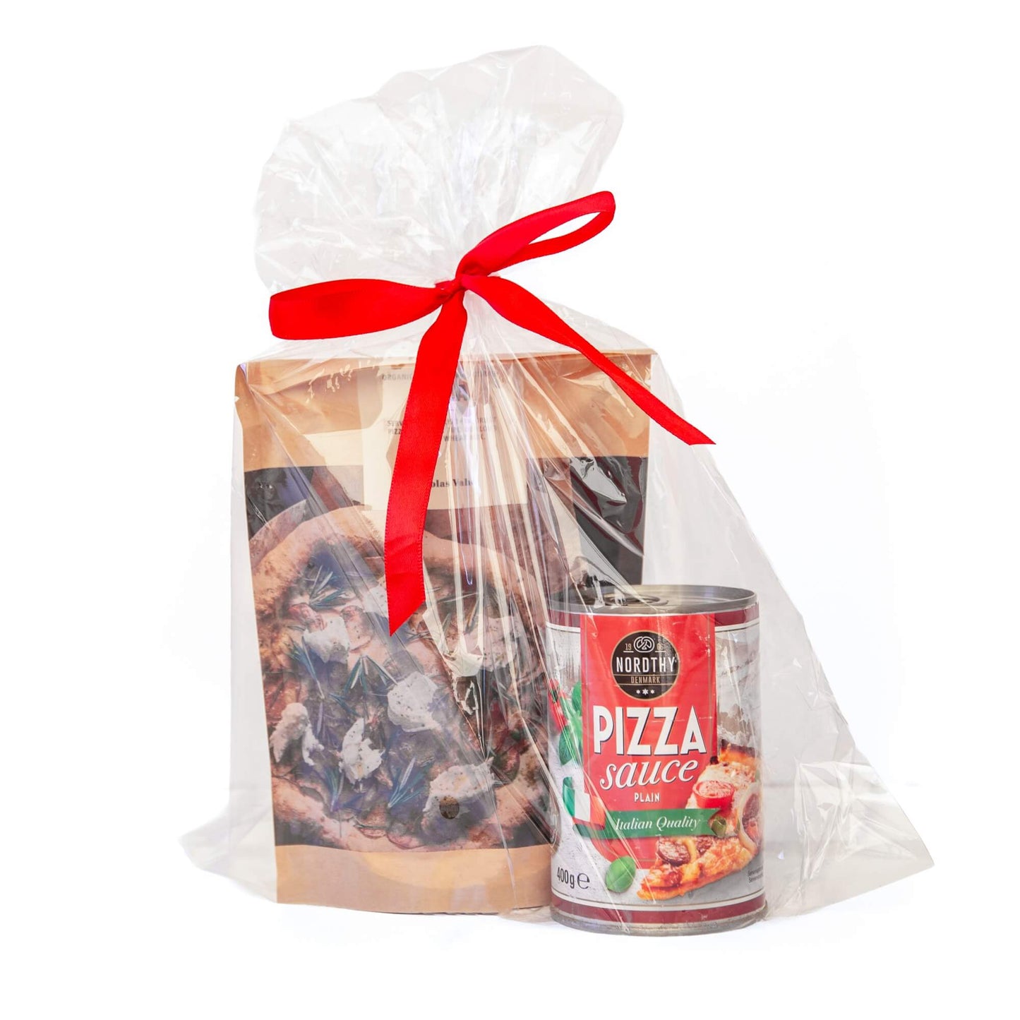 Gave i cellofan med pizzamix fra Nicolas Vahé og pizzasuas fra Nordthy.